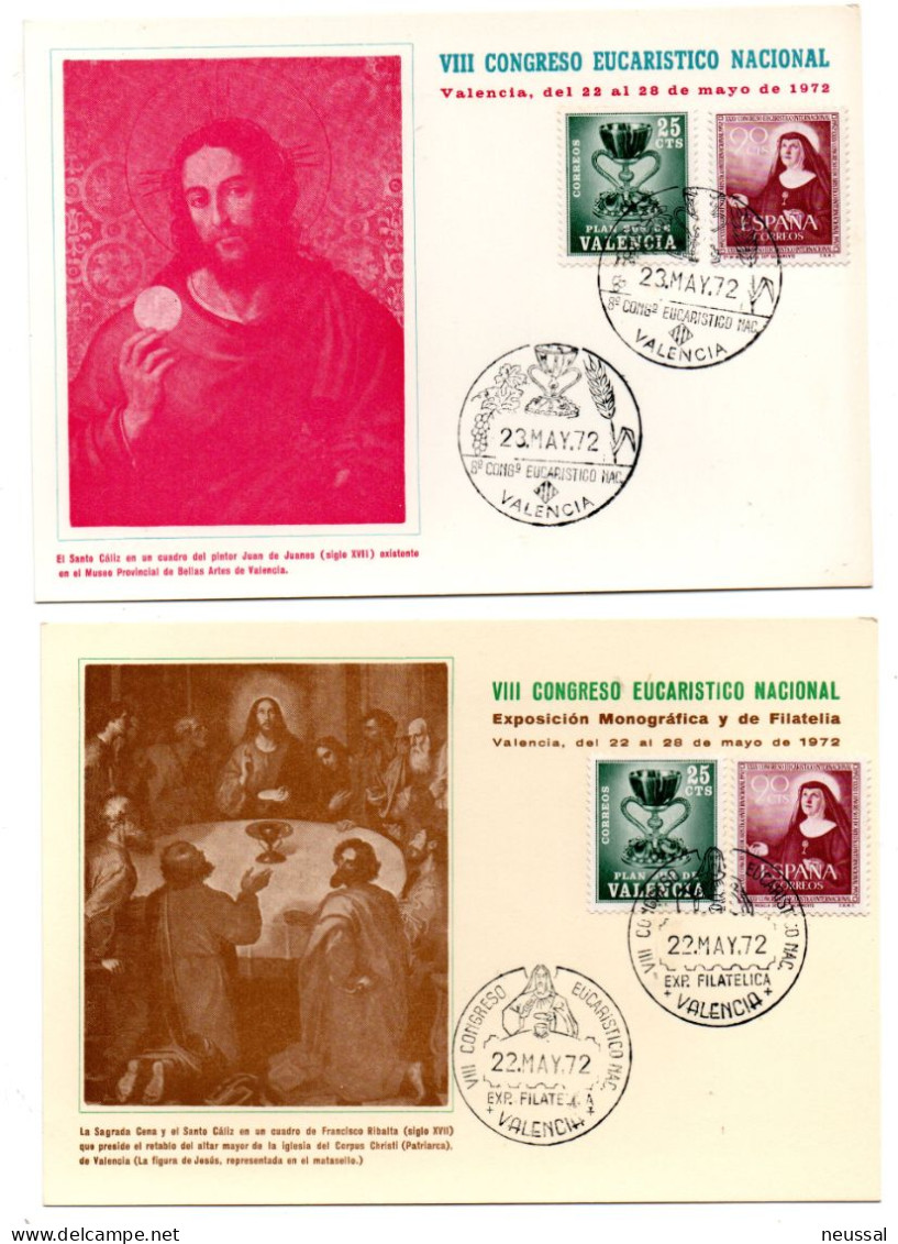 2  Tarjetas  Con Matasellos  Conmemorativo  Congreso Eucaristico Nacional  Valencia De 1972 - Brieven En Documenten