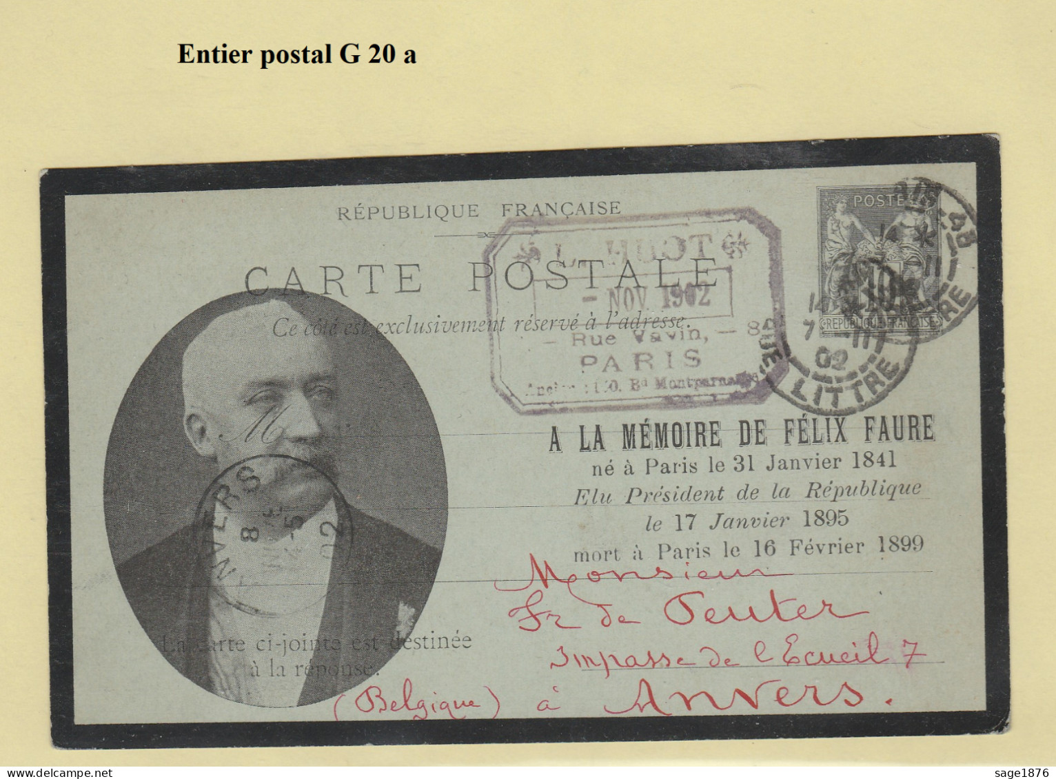 Entier Postal Type Sage G41 Ou 42 Repiquéc à La Mémoire De F FAURE - Postales  Transplantadas (antes 1995)