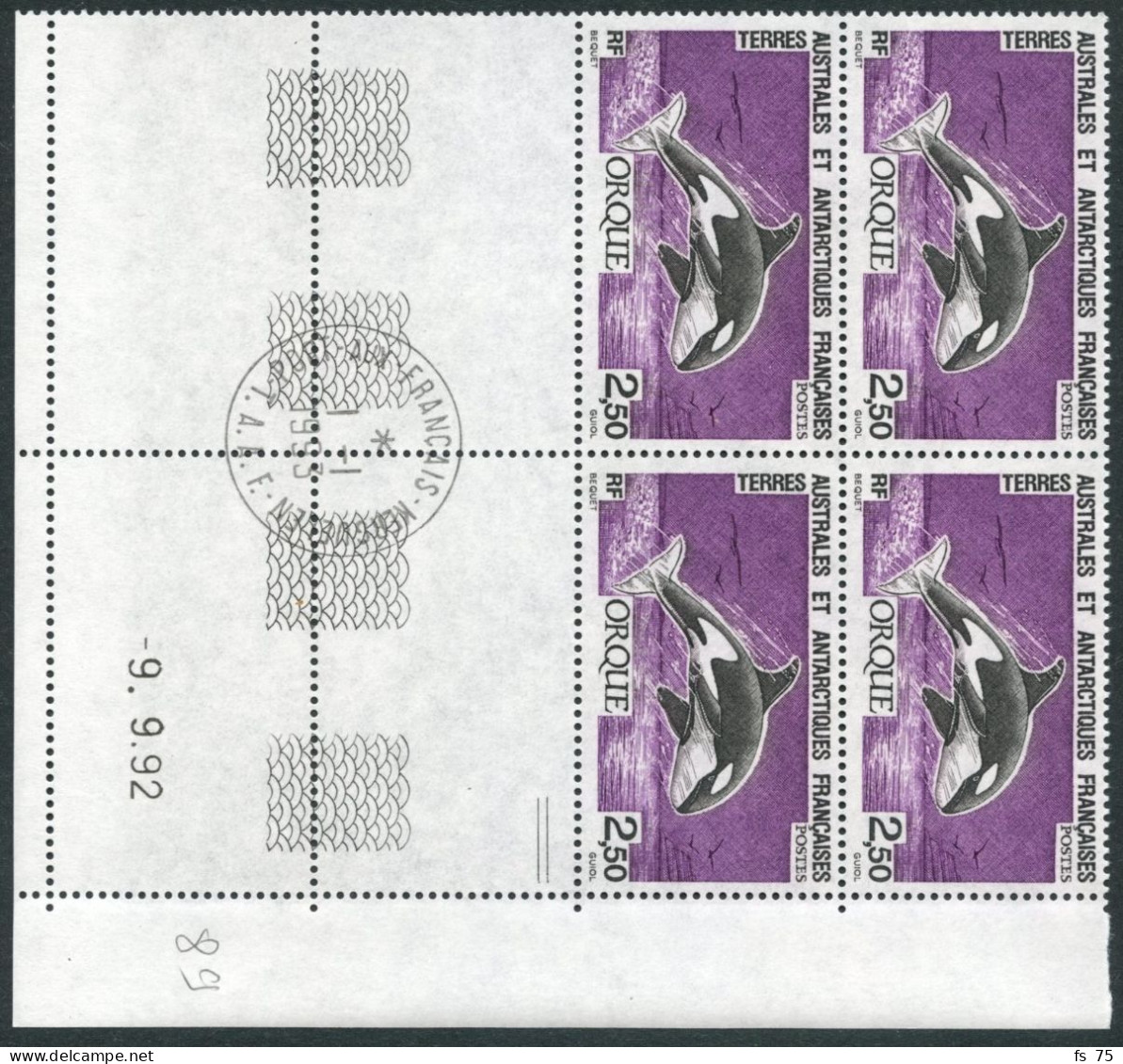 TAAF - N°175 / 178 - FAUNE - 4 BLOCS DE 4 - COIN DATE - OBLITERES EN MARGE - PORT AUX FRANCAIS KERGUELEN - Usati