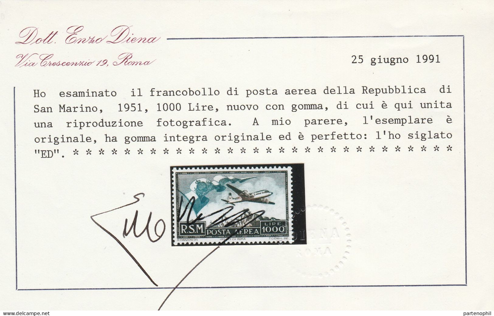 320 - San Marino 1951 - Bandiera, Aereo N. 99. Cert. E. Diena. Cat. € 850,00. MNH - Airmail