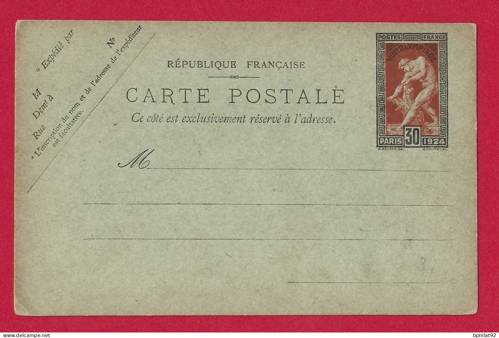 !!! ENTIER POSTAL 30C MILON DE CROTONE, JEUX OLYMPIQUES DE PARIS DE 1924, NEUF - Cartes Postales Types Et TSC (avant 1995)