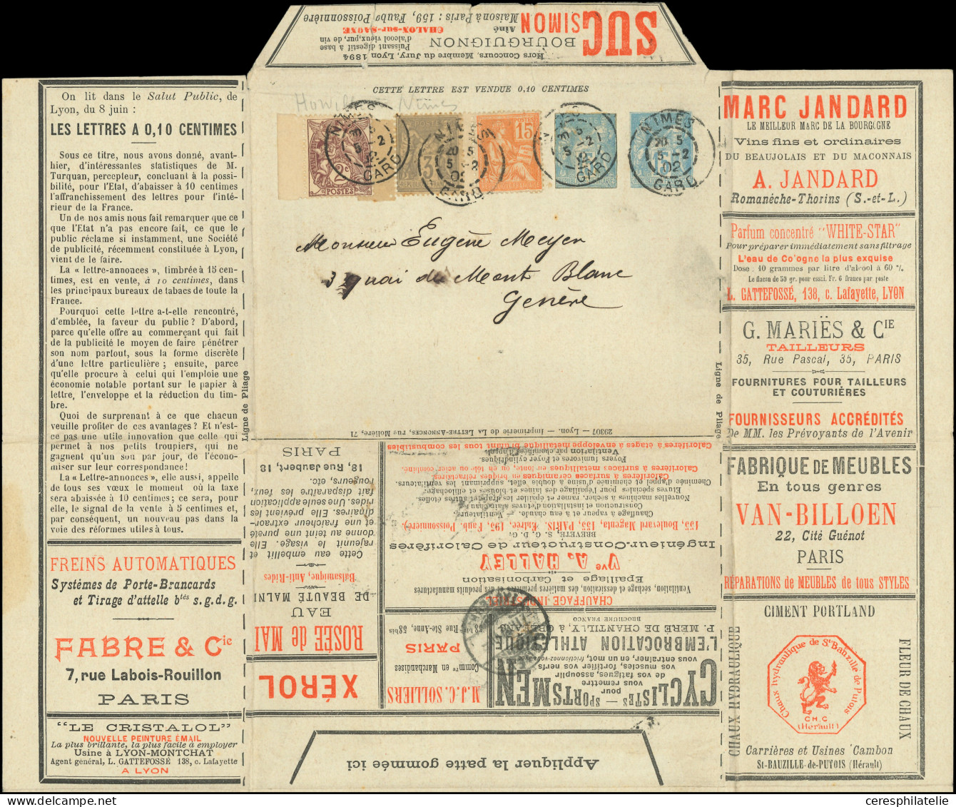 Let ENTIERS POSTAUX - Sage, 15c. Bleu, Env. Lettre Annonces TSC N°J86c, Série N°2, Afft Divers, Obl. NIMES 5/2/02, Pub D - Other & Unclassified