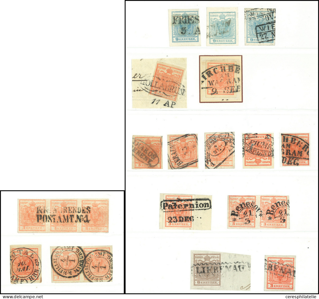 Autriche N°1/5, 1k. Jaune, 2k. Noir, 3k. Vermillon, 6k. Brun Et 9k. Bleu, En Tout 180 T. Obl. Dont Bandes Ou Paires, Tou - Other & Unclassified