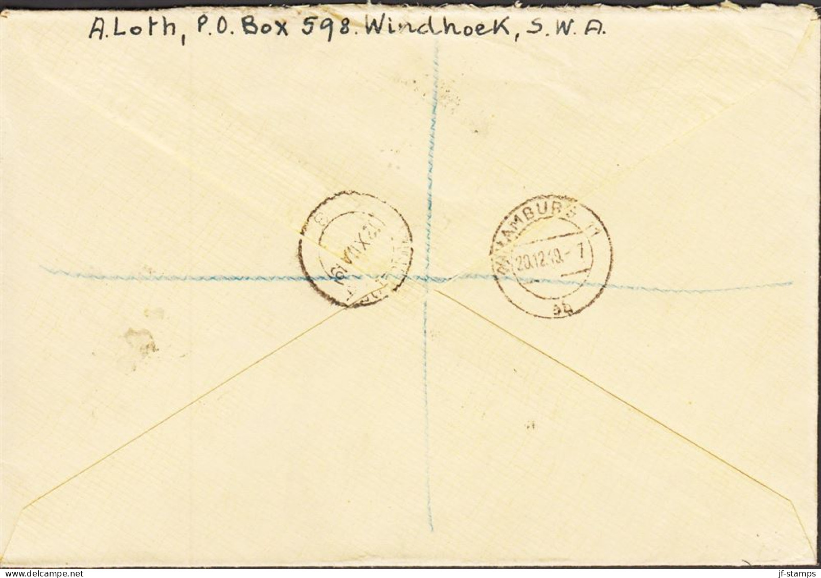 1949. SOUTH WEST AFRICA.  Interesting Air Mail Envelope Sent Registered To Hamburg With 2 D ... (Michel 155+) - JF546580 - Zuidwest-Afrika (1923-1990)