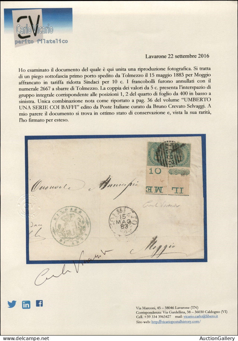 Regno - Umberto I - Coppia Del 5 Cent Umberto (37) Con Interspazi Di Gruppo - Involucro Di Piego Da Tolmezzo A Moggio De - Altri & Non Classificati