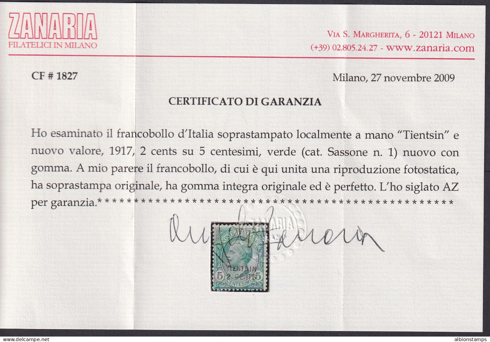 Italian China - Tientsin, Scott 1 (Sassone 1), MNH, Signed Sorani, W/ 09 Zanaria (ITA21) - Tientsin