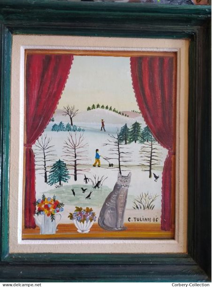 Tableau Peinture Naïve Paysage D'Hiver & Chat Art Naïf Signé Charlotte Julian 85 - Acrylic Resins