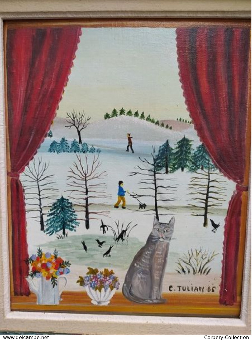 Tableau Peinture Naïve Paysage D'Hiver & Chat Art Naïf Signé Charlotte Julian 85 - Acrylic Resins