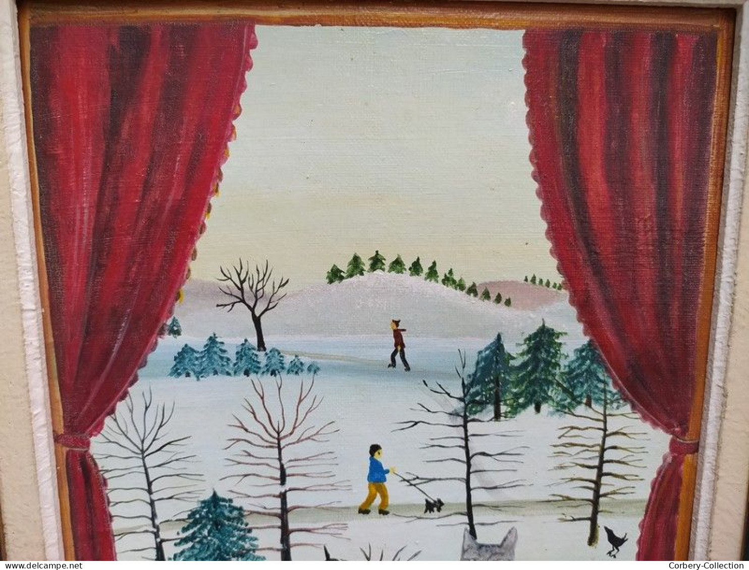 Tableau Peinture Naïve Paysage D'Hiver & Chat Art Naïf Signé Charlotte Julian 85 - Acrylic Resins