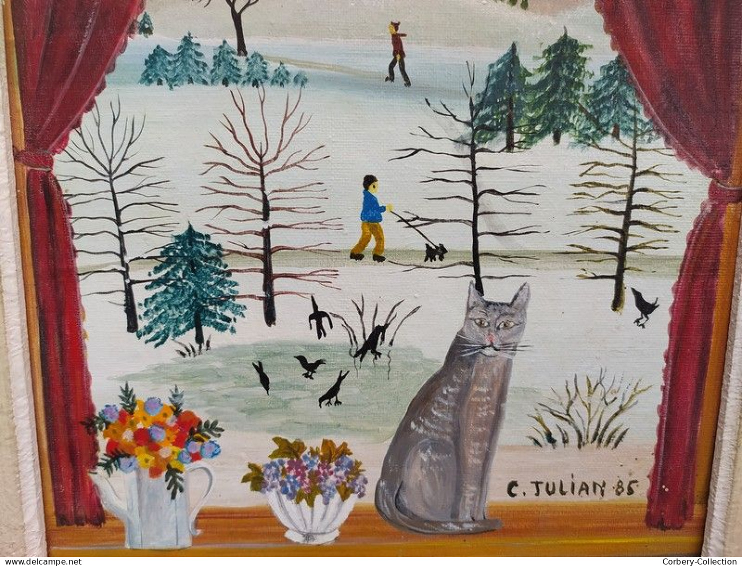 Tableau Peinture Naïve Paysage D'Hiver & Chat Art Naïf Signé Charlotte Julian 85 - Acrylic Resins