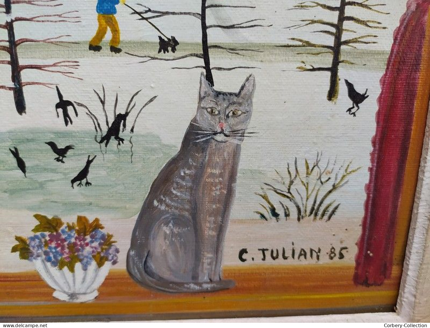 Tableau Peinture Naïve Paysage d'Hiver & Chat Art Naïf Signé Charlotte Julian 85