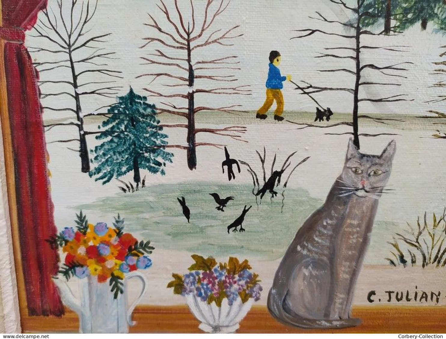 Tableau Peinture Naïve Paysage d'Hiver & Chat Art Naïf Signé Charlotte Julian 85
