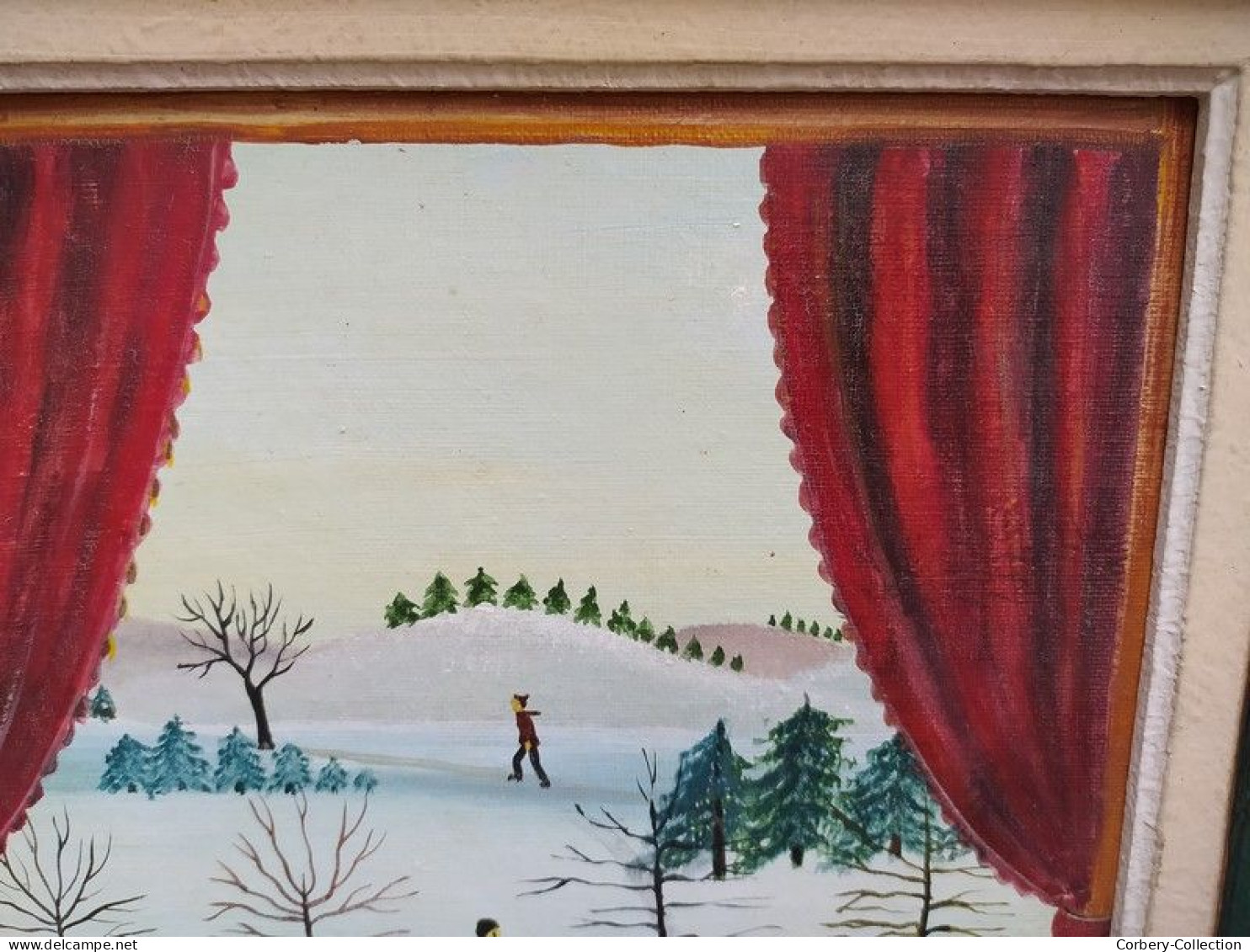Tableau Peinture Naïve Paysage d'Hiver & Chat Art Naïf Signé Charlotte Julian 85