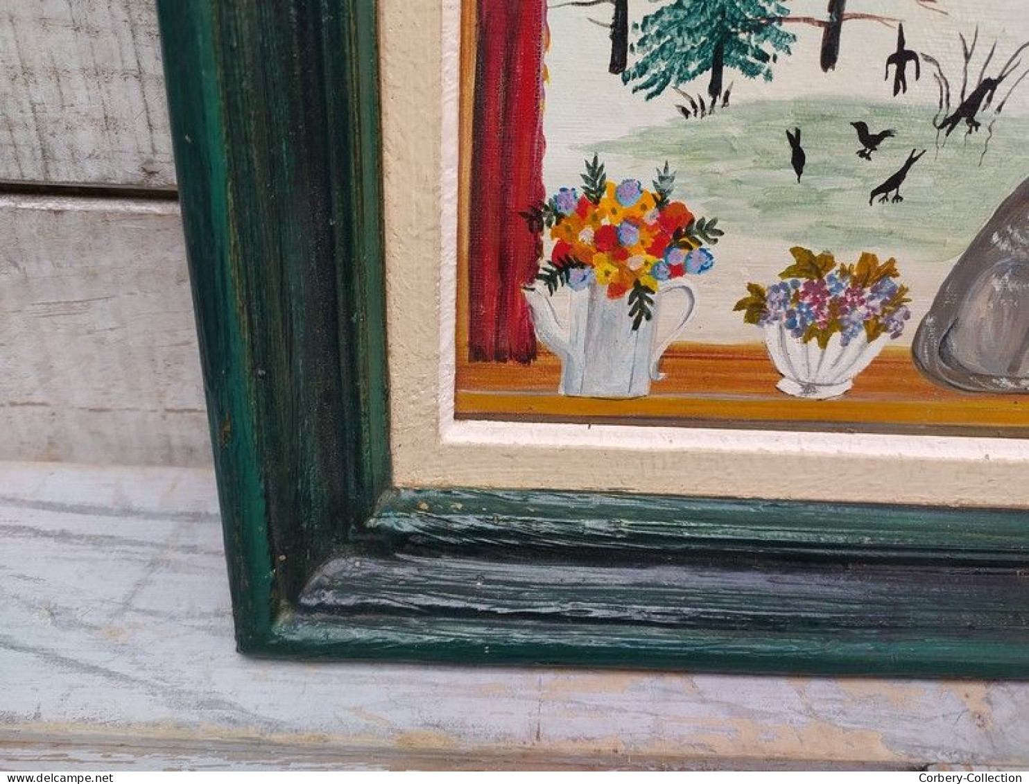 Tableau Peinture Naïve Paysage d'Hiver & Chat Art Naïf Signé Charlotte Julian 85