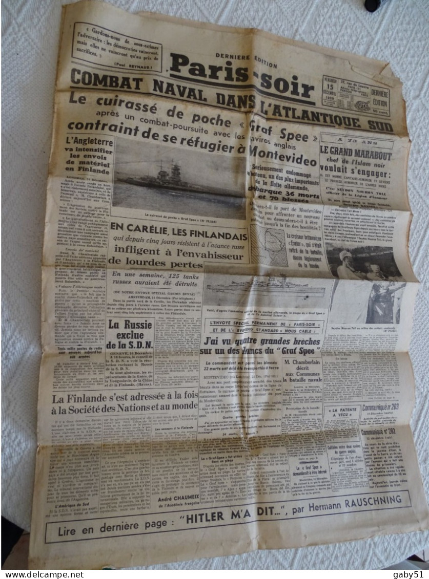 Paris-Soir 15 Décembre 1939 Combat Naval Dans L'Atlantique Sud, Hitler M'a Dit, Etc. ; Ref 3167 J10 - Other & Unclassified