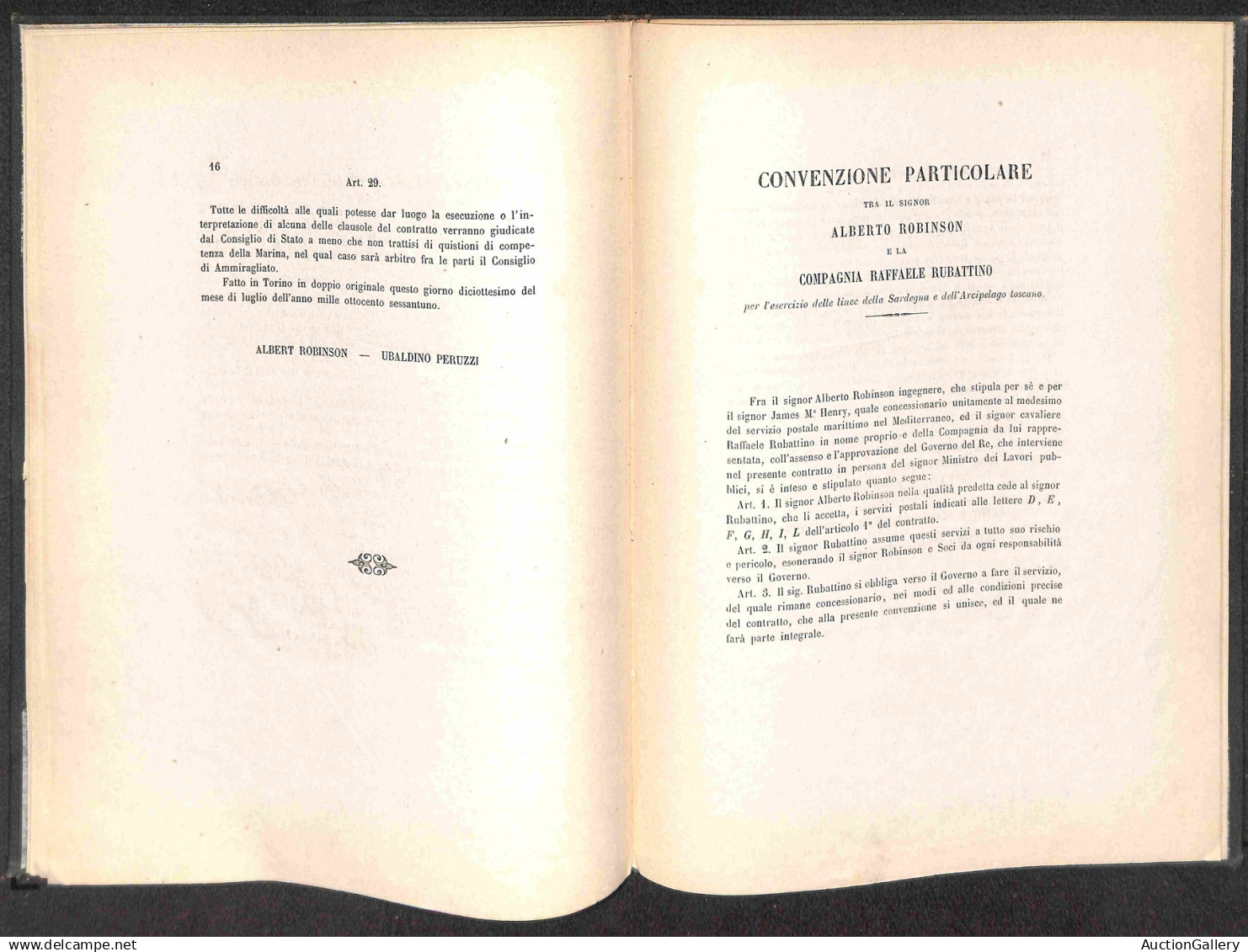 Antichi Stati Italiani - Sardegna - Regno di Sardegna - 1861 (18 luglio) - Convenzione per Servizio postale e Commercial