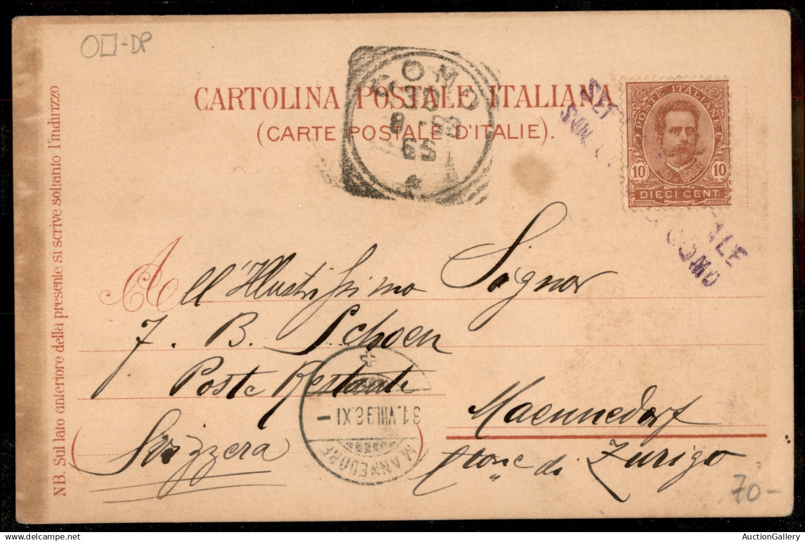 Regno - Interi - 1898 Cartolina Postale Umberto I 10 Cent Per La Svizzera Annullata Con Lineare Su Due Righe Servizio Po - Other & Unclassified