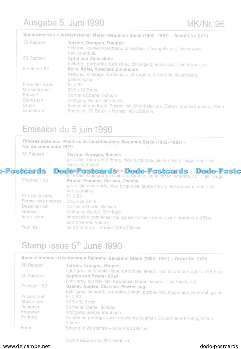 D094661 Furstentum. Liechtenstein. Special Stamps Liechtenstein Painters. Benjam - Monde