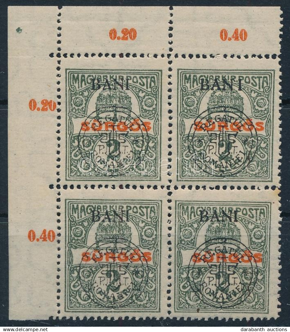 ** Kolozsvár 1919 Sürgős ívsarki Négyestömb Távol álló "I" Tévnyomattal / Mi 20 I Corner Block 4 With Plate Variety, Sig - Other & Unclassified