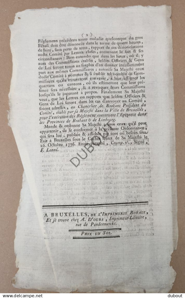 Ordonnance Pamflet 1776 Maria Theresia: Oprichting Comité Besmettelijke Ziekten Onder Het Vee, Brabant & Limburg (V3311) - Historical Documents