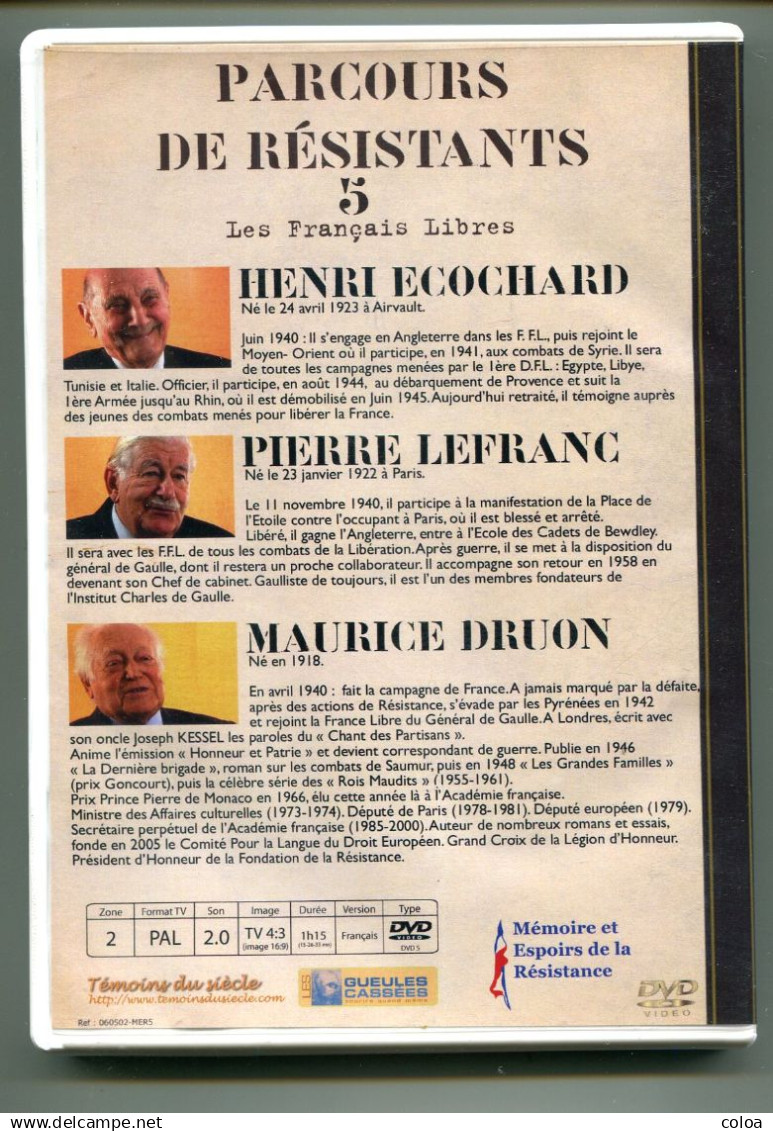 Résistance DVD Parcours De Résistants 5 Les Français Libres Henri ECOCHARD Pierre LEFRANC Maurice DRUON - History