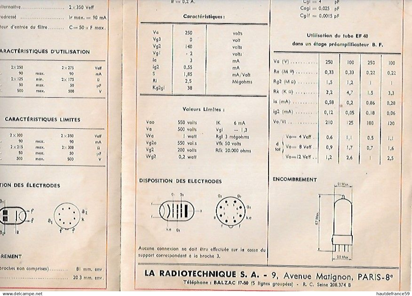 Rare REPERTOIRE Des TUBES Miniwatt DARIO Caractéristiques Techniques 12.50 - La Radiotechnique Paris - Components