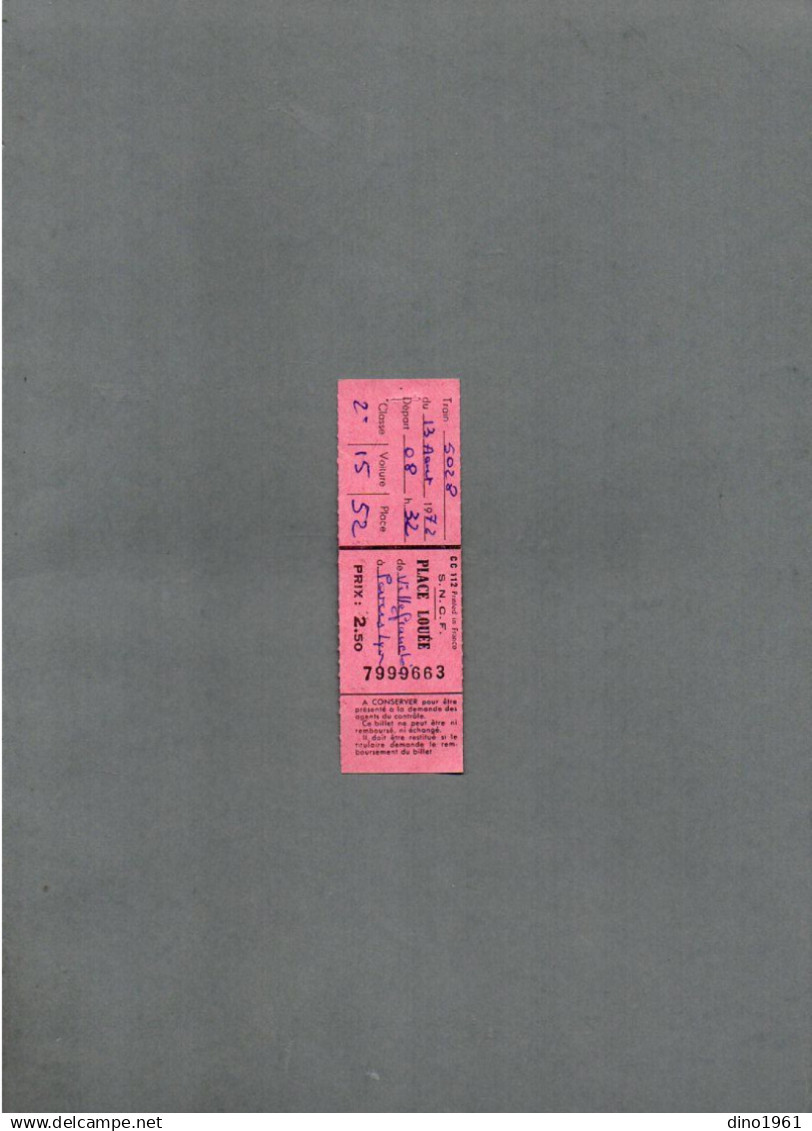 VP23.569 - 1972 - Ticket / Billet - S.N.C.F. Train 5028, Place Louée De VILLEFRANCHE à PARIS - Europe