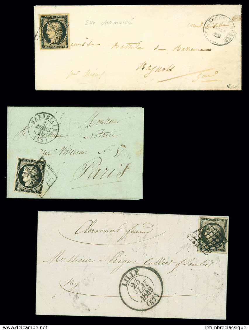 Lettre N°3 20c Noir : 4 Lettres Dont Noir Sur Chamoisé De Tarascon-s-Rhône Signé Calves, Grille + Càd T13 Lille 1849, Cà - 1849-1850 Ceres