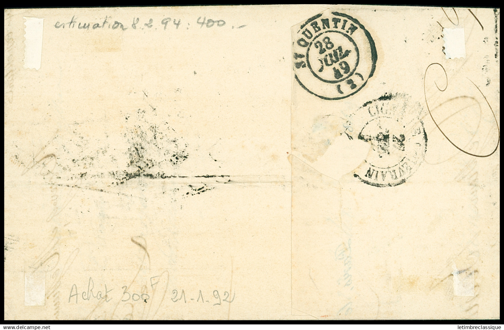 Lettre N°3 20c Noir : 4 Lettres Dont Noir Sur Chamoisé De Tarascon-s-Rhône Signé Calves, Grille + Càd T13 Lille 1849, Cà - 1849-1850 Ceres