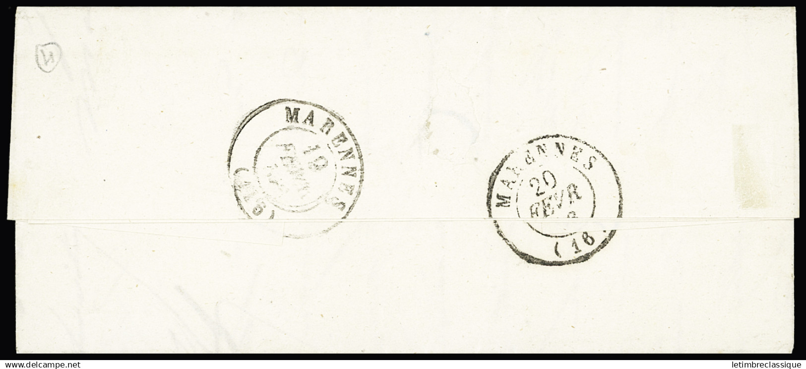 Lettre N°14Ai 20c Bleu BdF Et Filet D'encadrement Sur Lettre Pour Marennes, Obl. Losange Et CàD T15 Saint-Pierre-d'Oléro - 1853-1860 Napoleon III