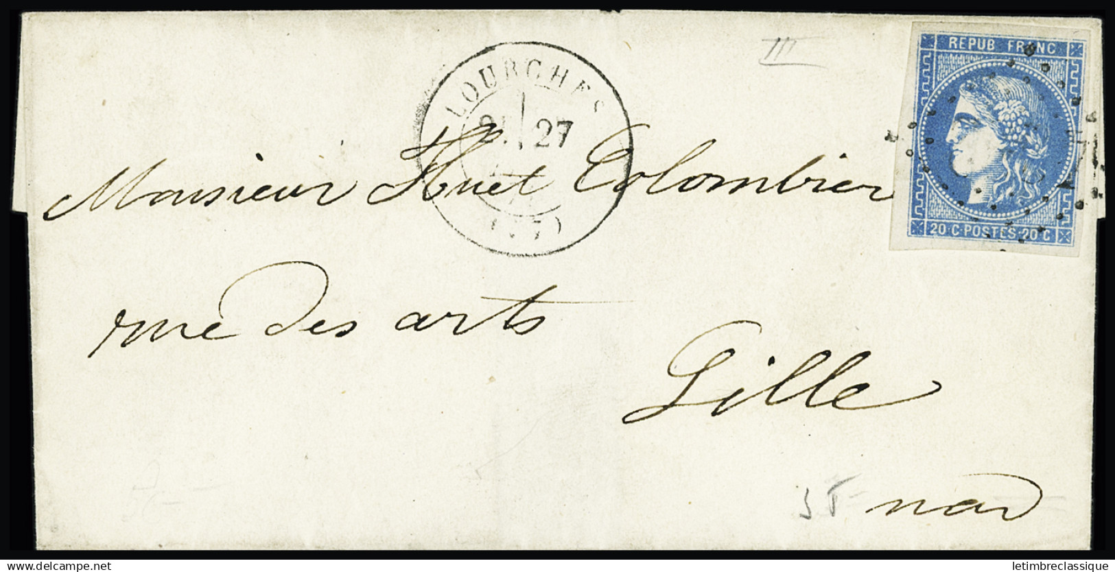 Lettre N°46B 20c Bleu : Sélection De 3 Lettres Dont Deux Exemplaires En Chargée De Lagrasse 29.03.71, Aussi St Mihiel Et - 1870 Bordeaux Printing