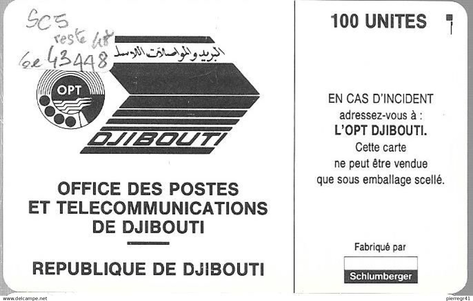 CARTE-PUCE-OPT-DJIBOUTI-100U-SC5-V°Ge43448-R/V° Mat-Vert-Util Reste 48U-TBE/RARE - Gibuti