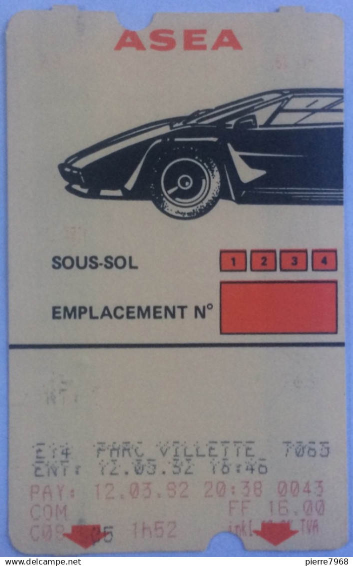 Ticket De Parking : ASEA Parc Villette 1992 - Altri & Non Classificati