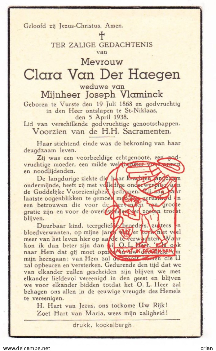 DP Clara Van Der Haegen Vanderhaegen ° Vurste Gavere 1868 † Sint-Niklaas 1938 X Joseph Vlaminck - Devotieprenten
