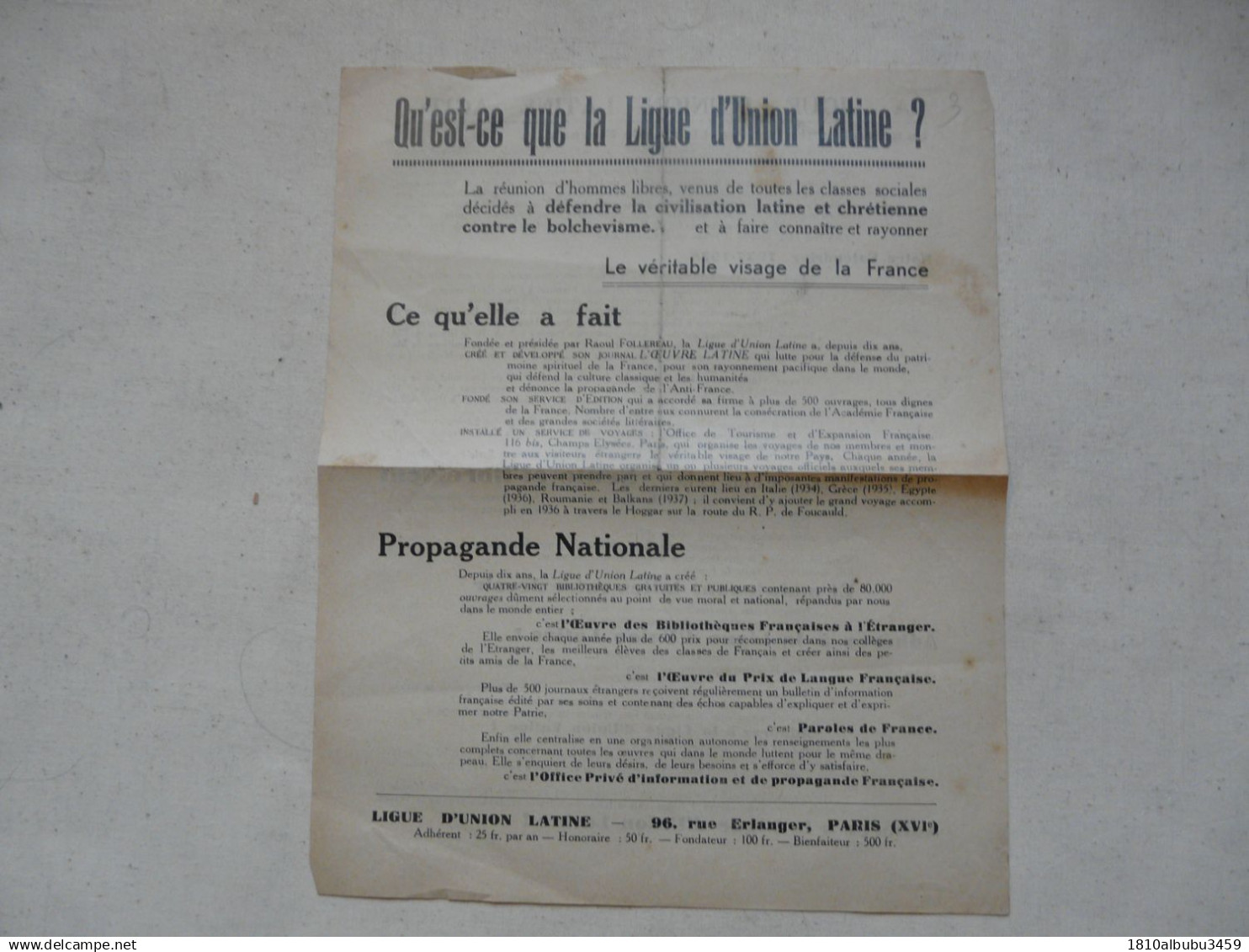 VIEUX PAPIERS - DOCUMENT : TRACT - LIGUE D'UNION LATINE - Documents Historiques