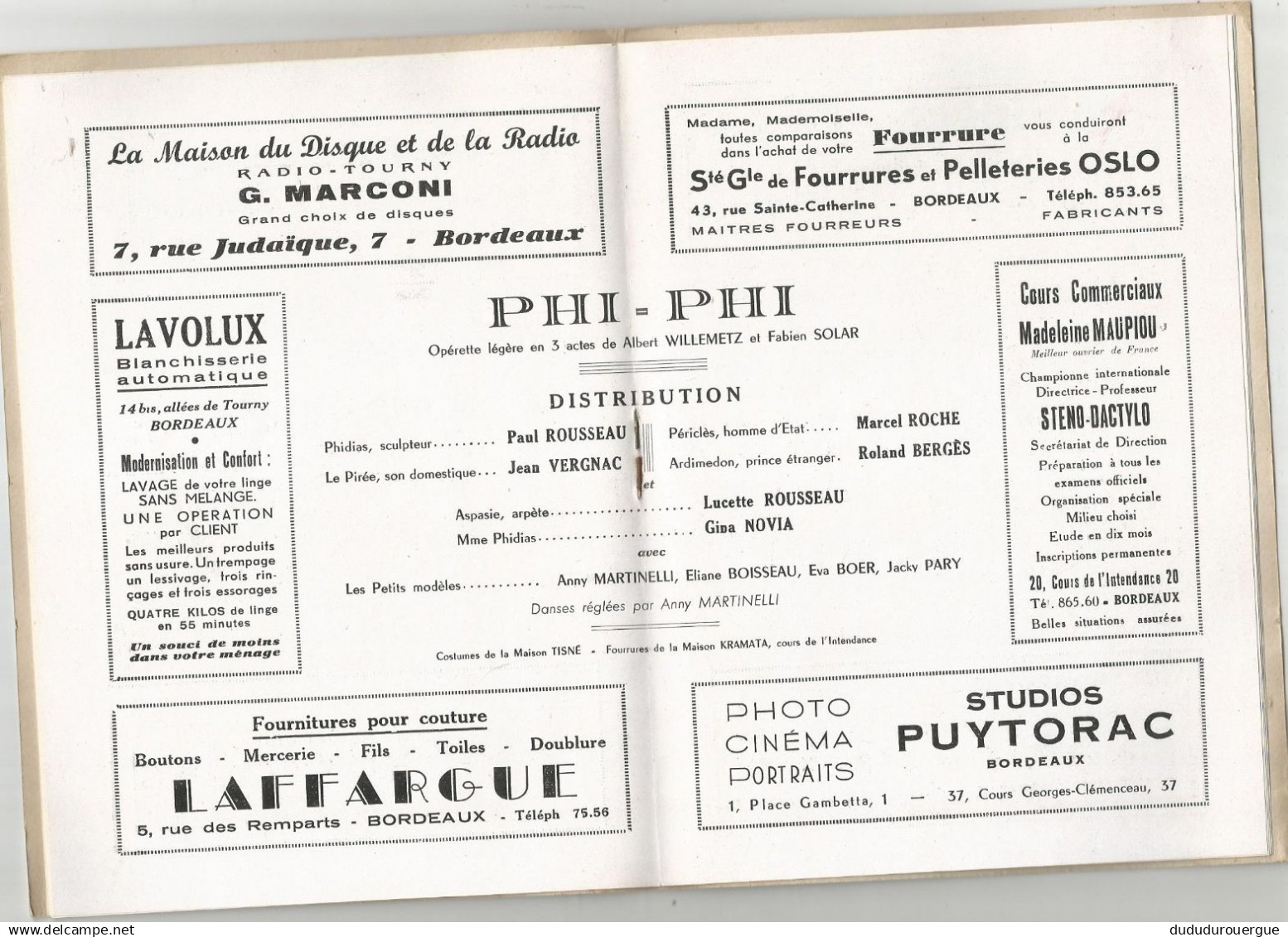 BORDEAUX , TRIANON THEATRE K. HARPAIN , SAISON 1950/51 : PROGRAMME : PHI - PHI  OPERETTE EN 3 ACTES - Programmes