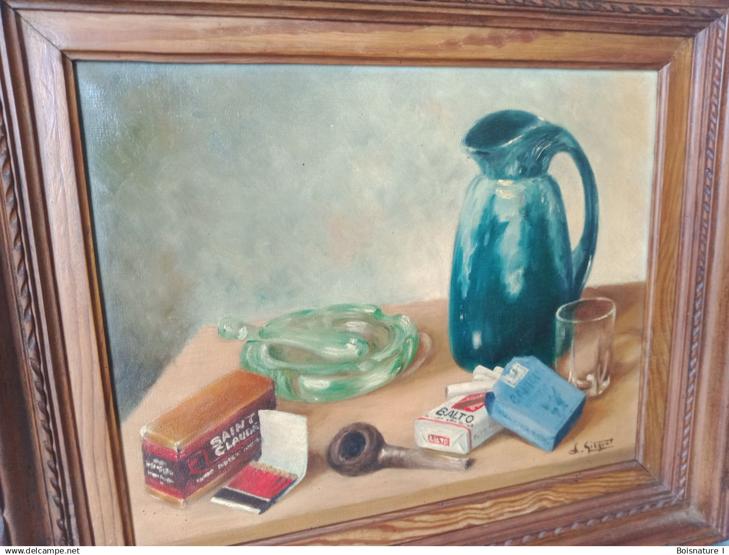 Tableau Ancien Peinture à L'huile Sur Toile Signé L. Gisquet Nature Morte Carafe Verre Paquet De Cigarettes Cendrier - Oils