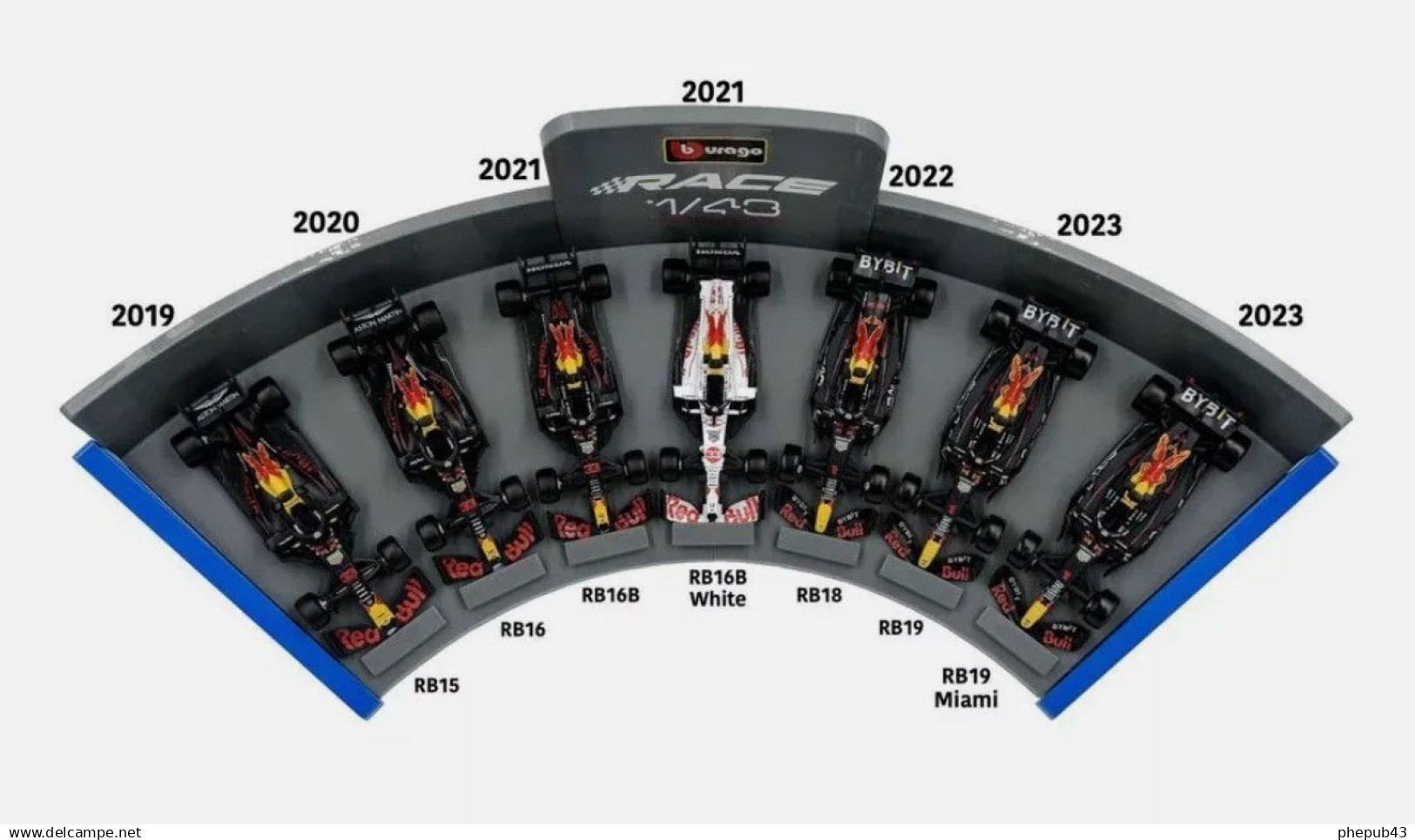 Red Bull Honda Racing F1 - RB15, RB16, RB16B, RB18, RB19 - Max Verstappen - 7 FI Set  - Bburago + Display In Kit - Burago