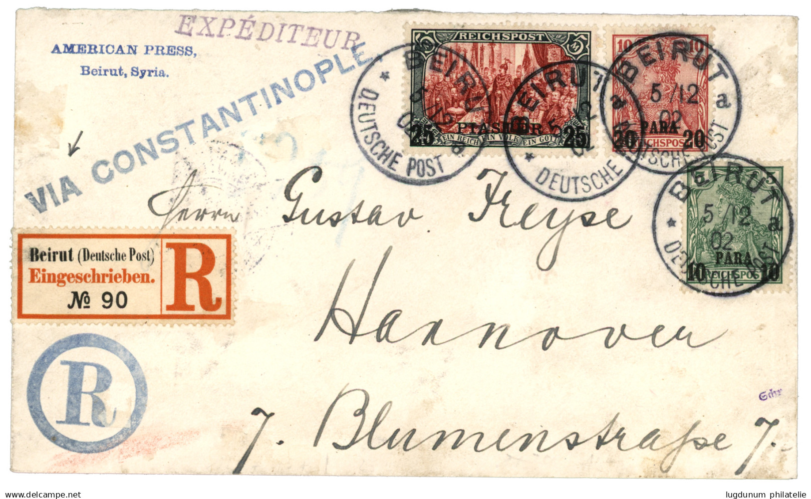 GERMAN P.O. BEYROUTH SYRIA : 1902 25 PIASTER On 5 MARK + 10p On 5pf + 20p On 10pf Canc. BEIRUT + VIA CONSTANTINOPLE On R - Turchia (uffici)