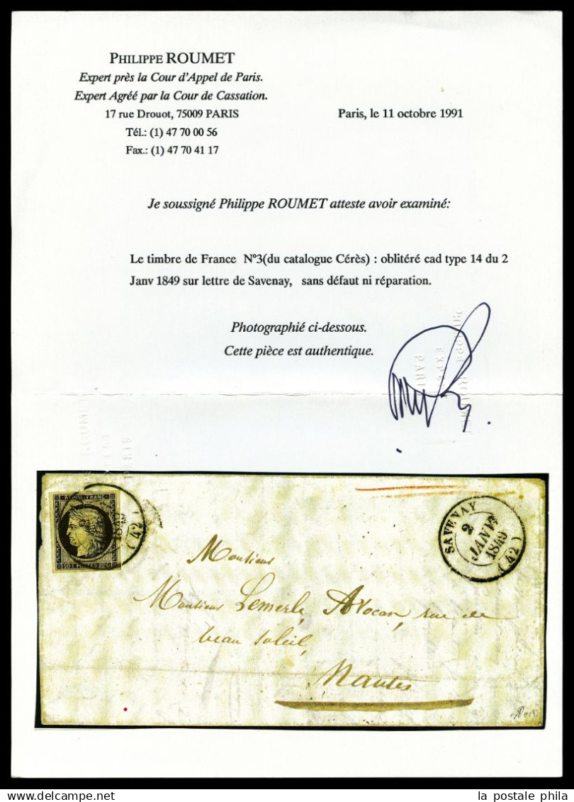 N°3, 20c Noir Obl Càd TYPE 14 Du 2 Janvier 1849 Sur Lettre De SAVENAY. SUPERBE. R.R.R. (certificats)  Qualité: Oblitéré - 1849-1876: Période Classique