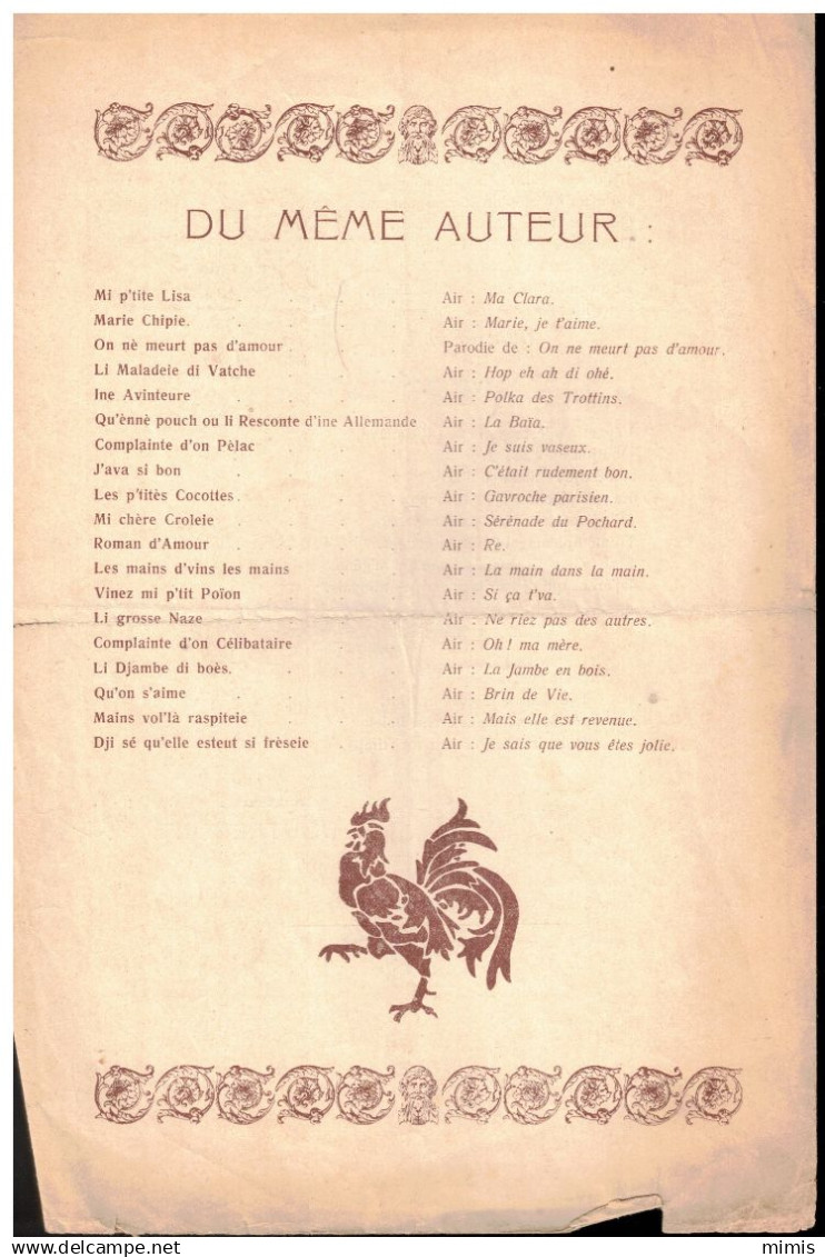 Partition  En Wallon Liégeois   "Mains Vol'la Raspiteie" Paroles Uniquement  Chansonnette Comique  De H. Doutrepont - Folk Music