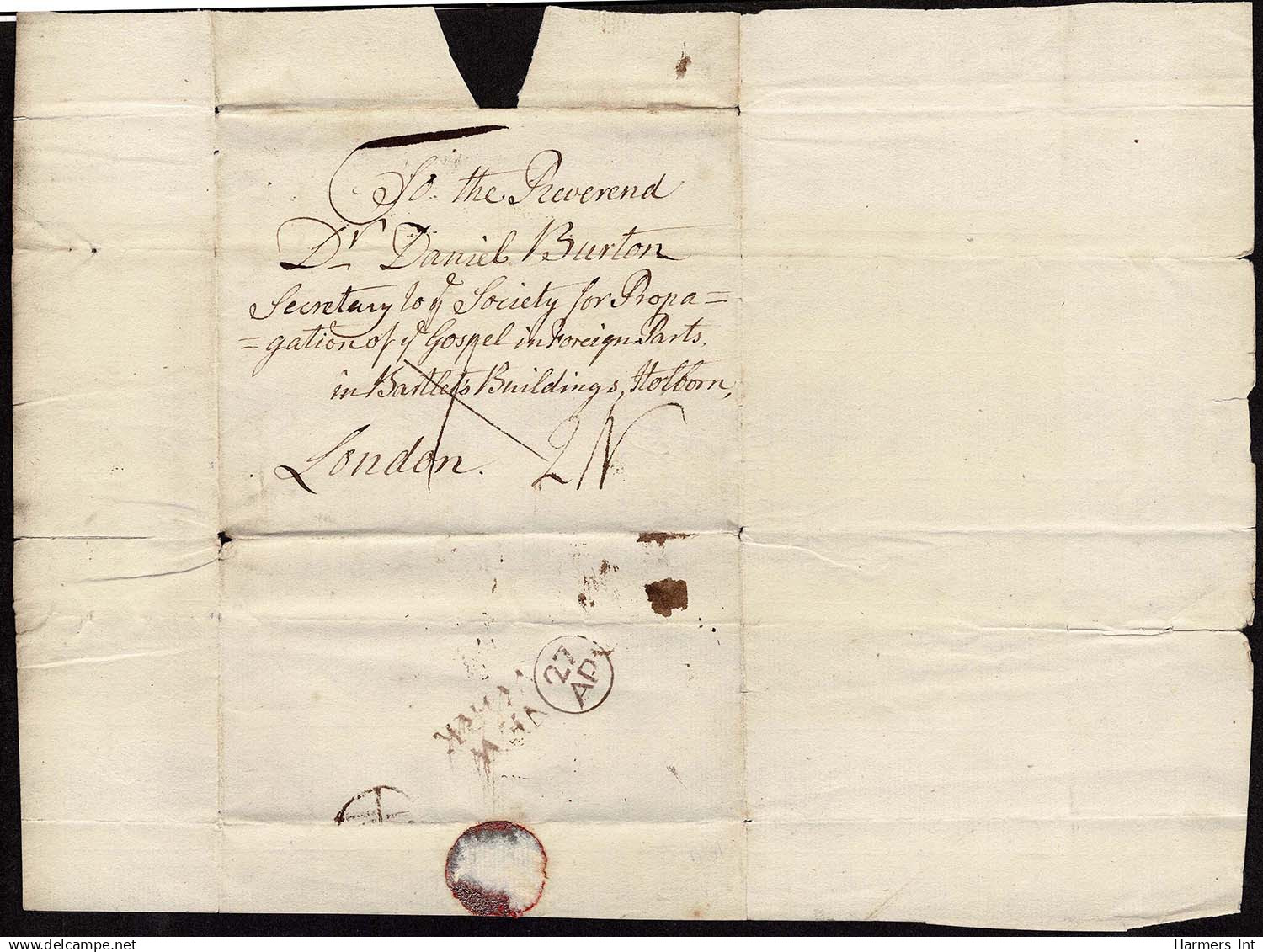 Lot # 004 UNITED STATES: Stampless Colonial:  Used To London; 1765 April Folded Letter Sheet - …-1845 Prephilately