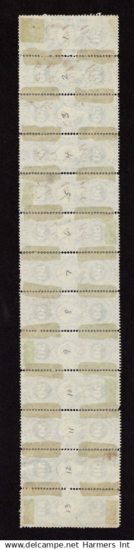 Lot # 041 United States Revenues:  1862 - 71, 50¢ Blue Passage Ticket Perforated STRIP OF 13 - Largest Known Multiple - Revenues