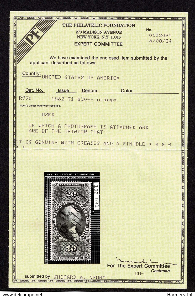 Lot # 045 UNITED STATES: Revenues: Probate & Wills, 1862 - 71 $20.00 Orange - Revenues