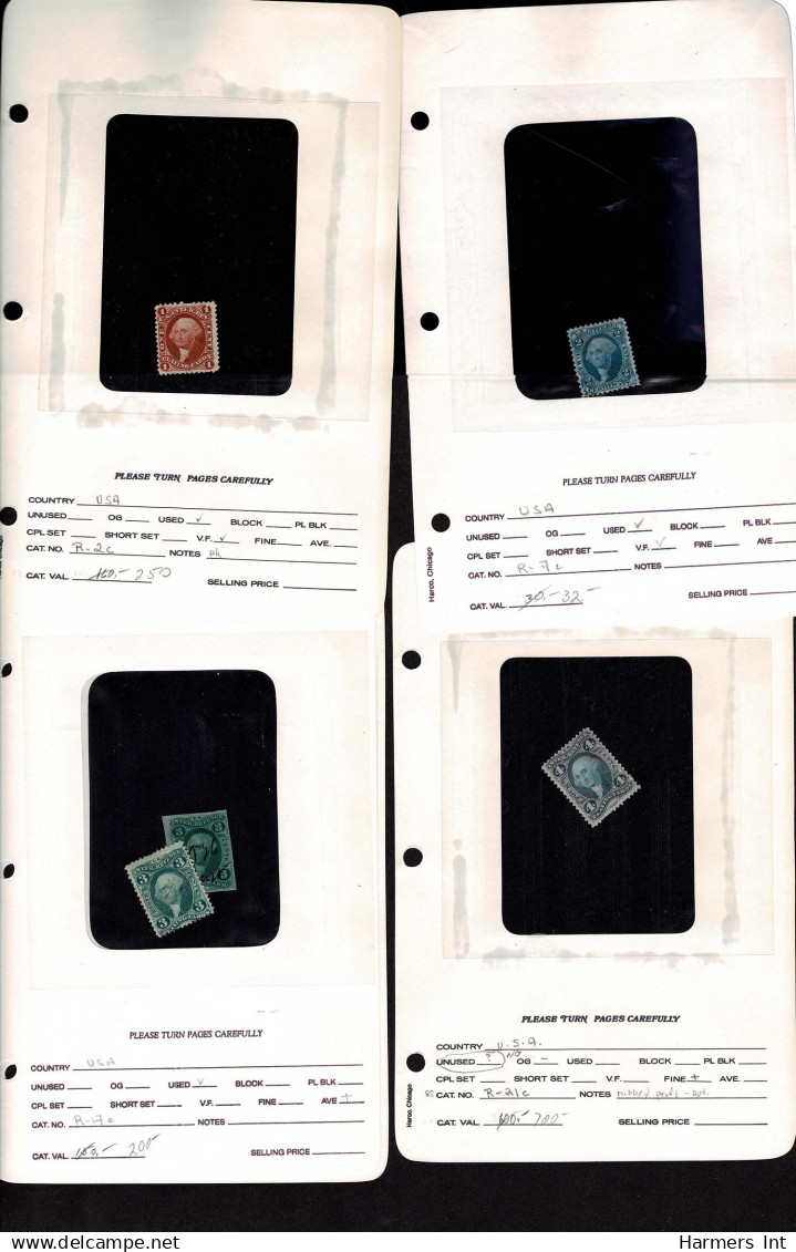 Lot # 056 United States Revenues: First two issues, 32 better stamps on dealer counter book pages
