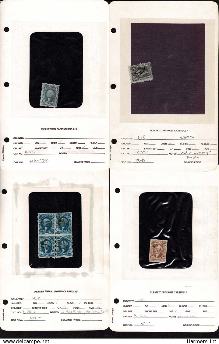 Lot # 056 United States Revenues: First two issues, 32 better stamps on dealer counter book pages