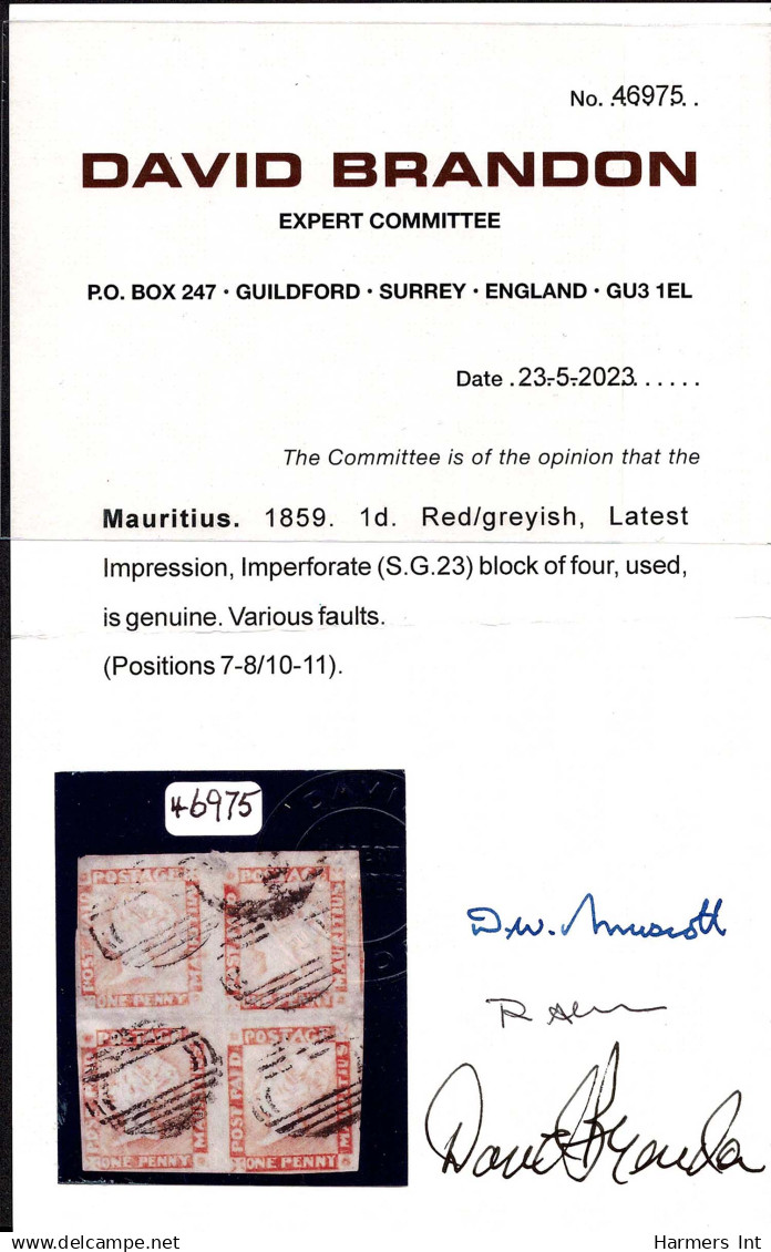 Lot # 270 MAURITIUS: 1859 1d Orange Red BLOCK OF FOUR - Mauritius (...-1967)