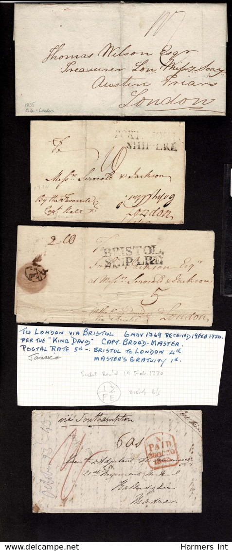 Lot # 372 BRITISH COMMONWEALTH: Stampless Covers; 1769 - 1854 -  17 folded letters and envelopes from and to colonies