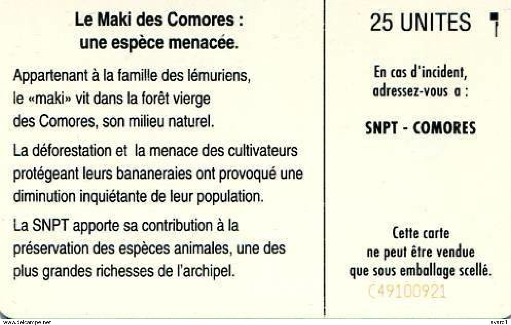 COMORES : OPT-0007  25 Le Maki Des Comores (SC5) ( Batch: C49100924) USED - Comoros