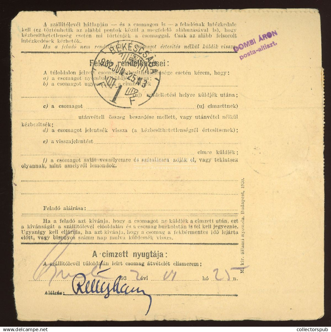 SZÉKESFEHÉRVÁR 1932. Csomagszállító  "Terjedelmes"  Csomagról Békéscsabára - Covers & Documents